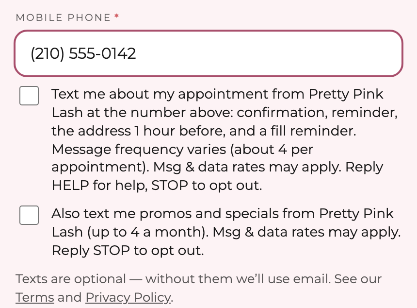 The text-consent checkboxes on the booking form
